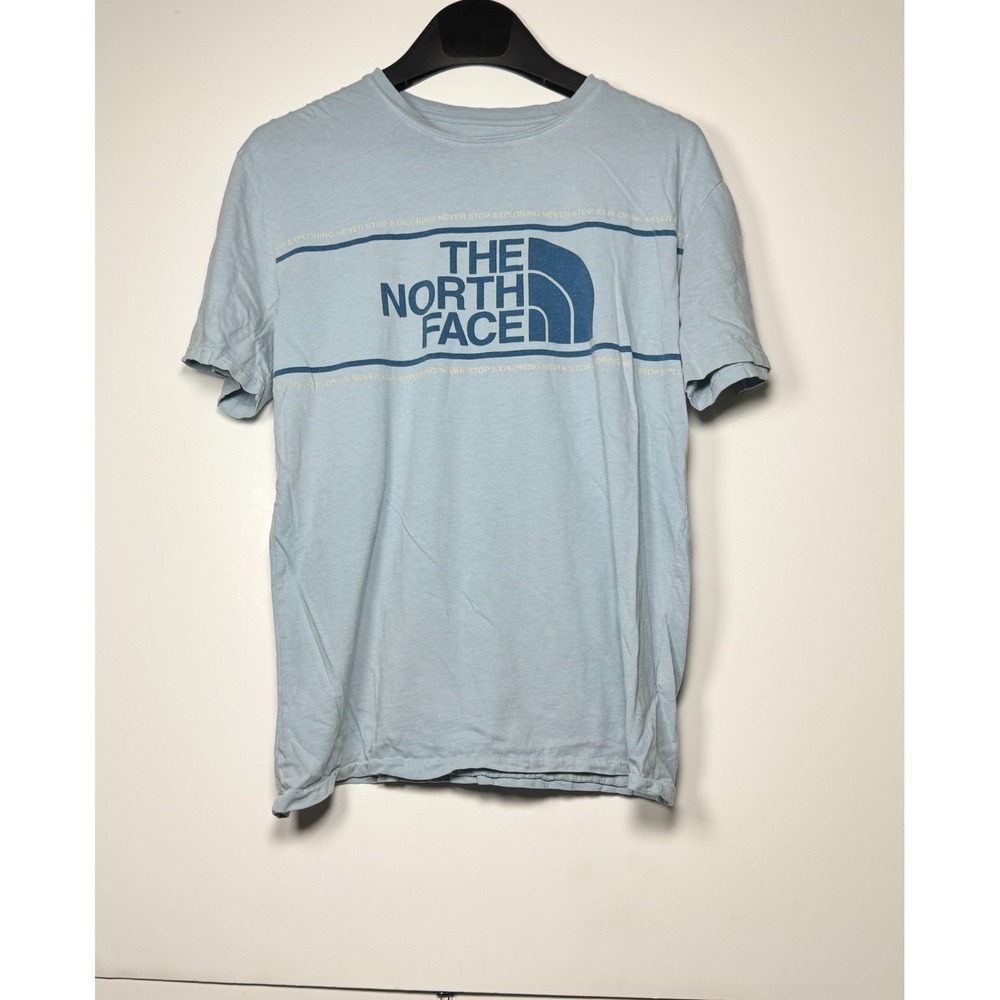 The North Face Standard Fit T Shirt Mens Medium Light Blue Graphic Spellout Logo